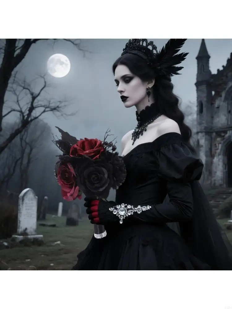 Dark Wedding Bouquet,Gothic Bridal Bouquet,Black Rose Bouquet Red and Black Artificial Flowers Bouquet 6XDA