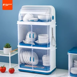 AOLIVIYA Kitchen Dish Storage Rack Three-Tier Plastic Tableware Organizer With Lid Drain Storage Box Insect-proof Cupboard