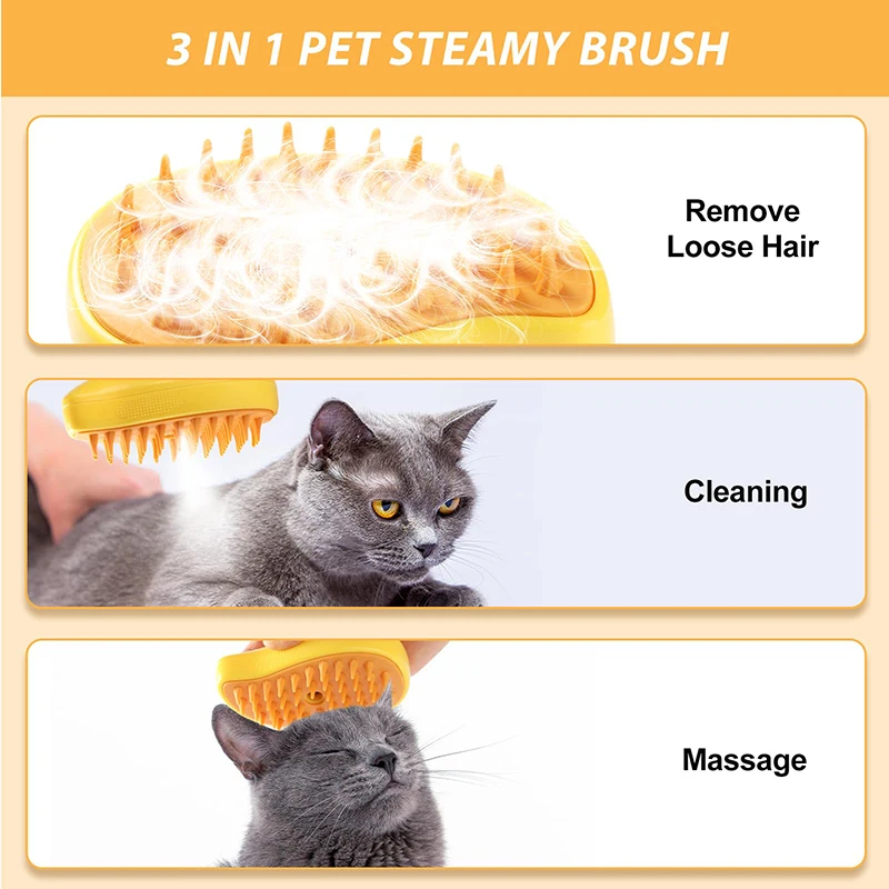 Cat Steam Brush, 3-In-1 Cat Steam Brush, Silicone Massage Beauty Brush, Cat And Dog Pet Hair Cleaning Brush Comb,Mango Shape