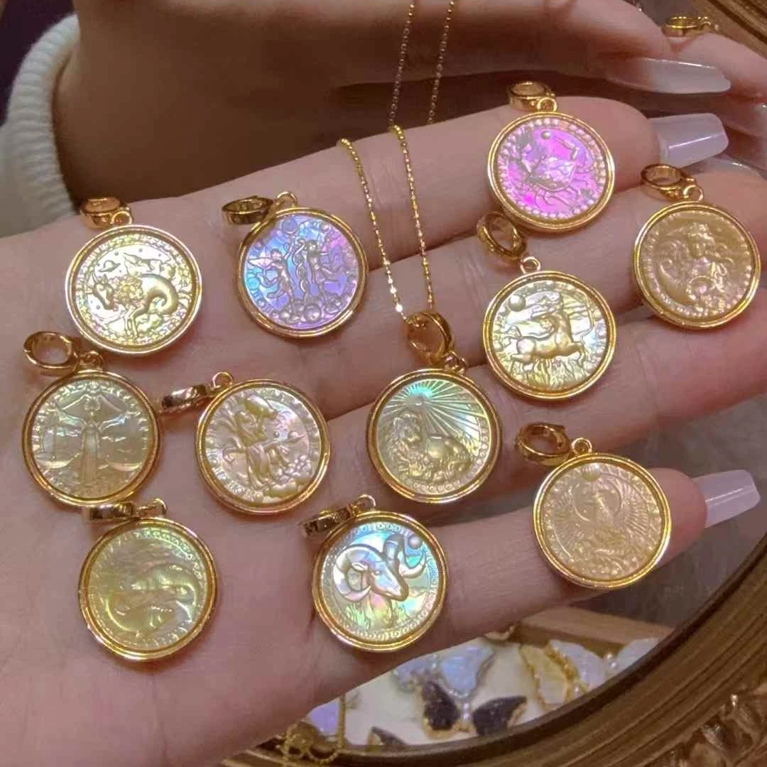 925 Sterling Silver Golden Mother of Pearl Zodiac Cameo Pendant Iridescent Shell Jewelry for Women