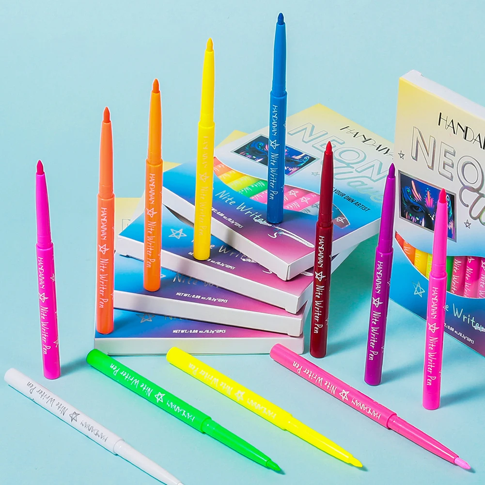ลิปสติกแต่งหน้านีออน12สีอายไลเนอร์เรืองแสงสีสันสดใสกันน้ำแห้งเร็วอายไลเนอร์แบบเรืองแสงสำหรับงานปาร์ตี้เวทีแต่งหน้าศิลปะ