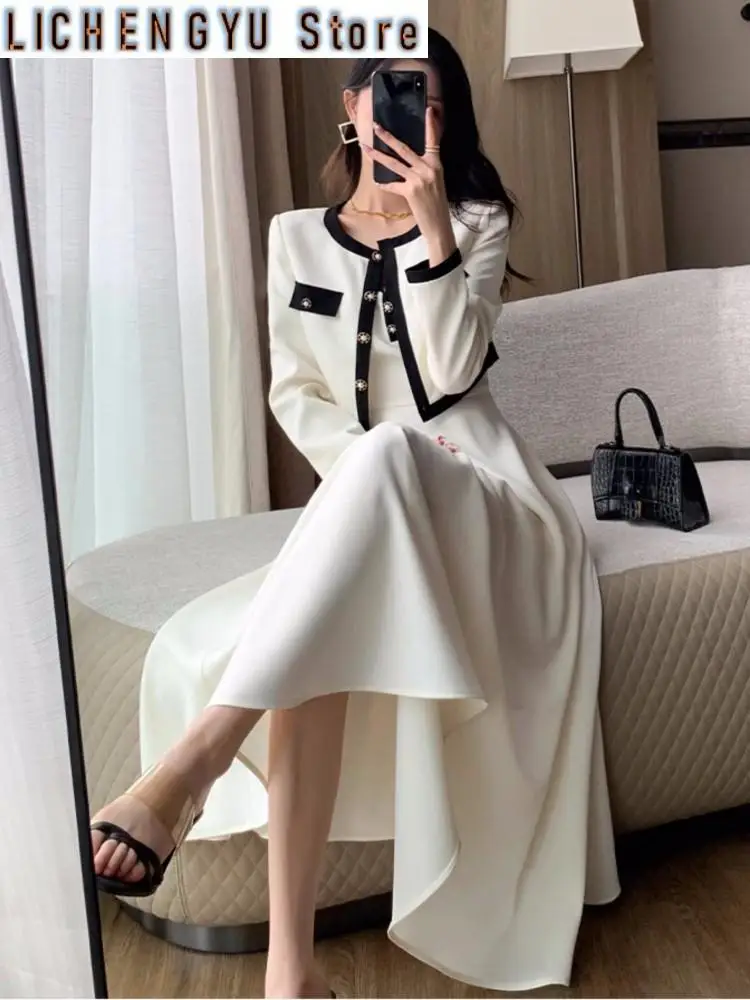 Elegant Solid Midi Dress 2 Piece Set Office Lady Chic Suit Spring Short Jacket Sleveless A-line Dresses Outfits Korean Clothes