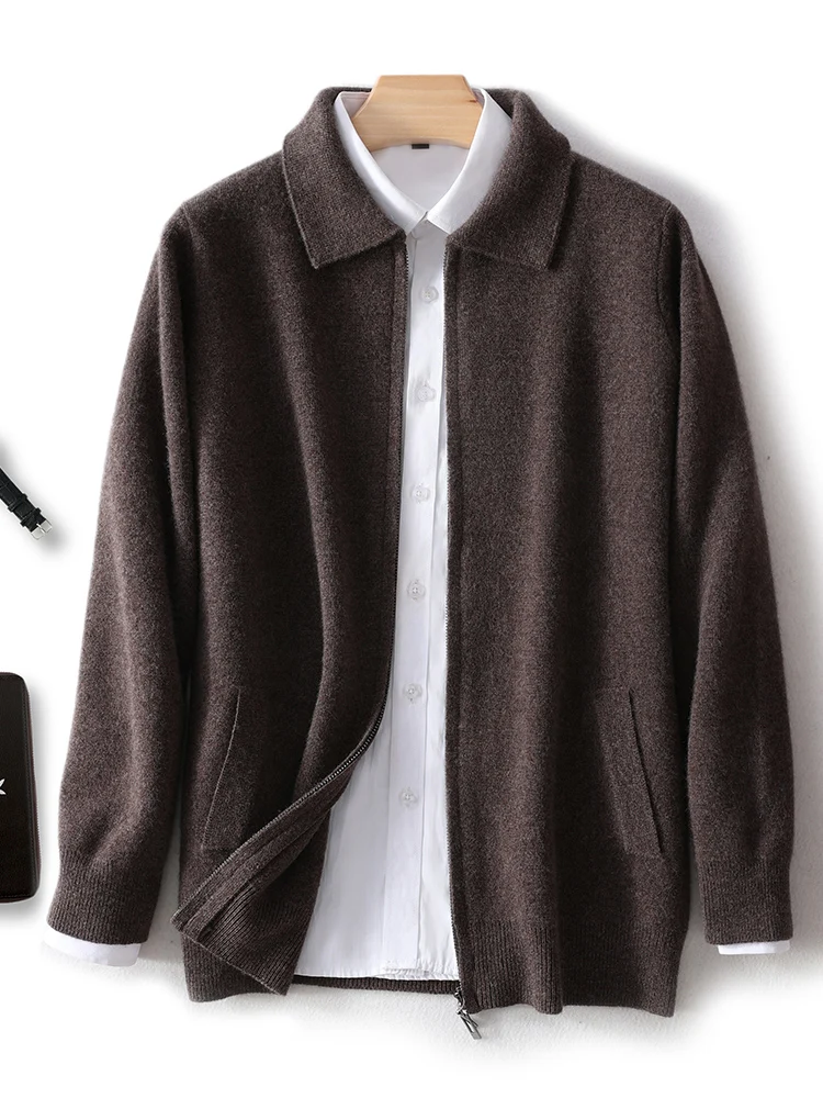 Chic Thick Cardigan Coat Men's 100% Merino Wool Knitwear Smart Casual Autumn Winter Polo Collar Zipper Sweater Soft Wool Tops