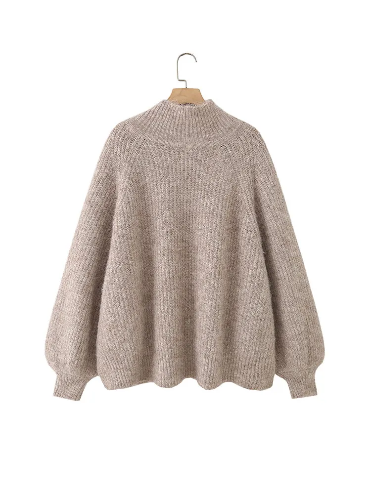 Nlzgmsj 2025 Autumn Chic Knitted Pullover  Mock Neck Sweater Fashion Casual  Lantern Sleeve Female Street Knitwear Top