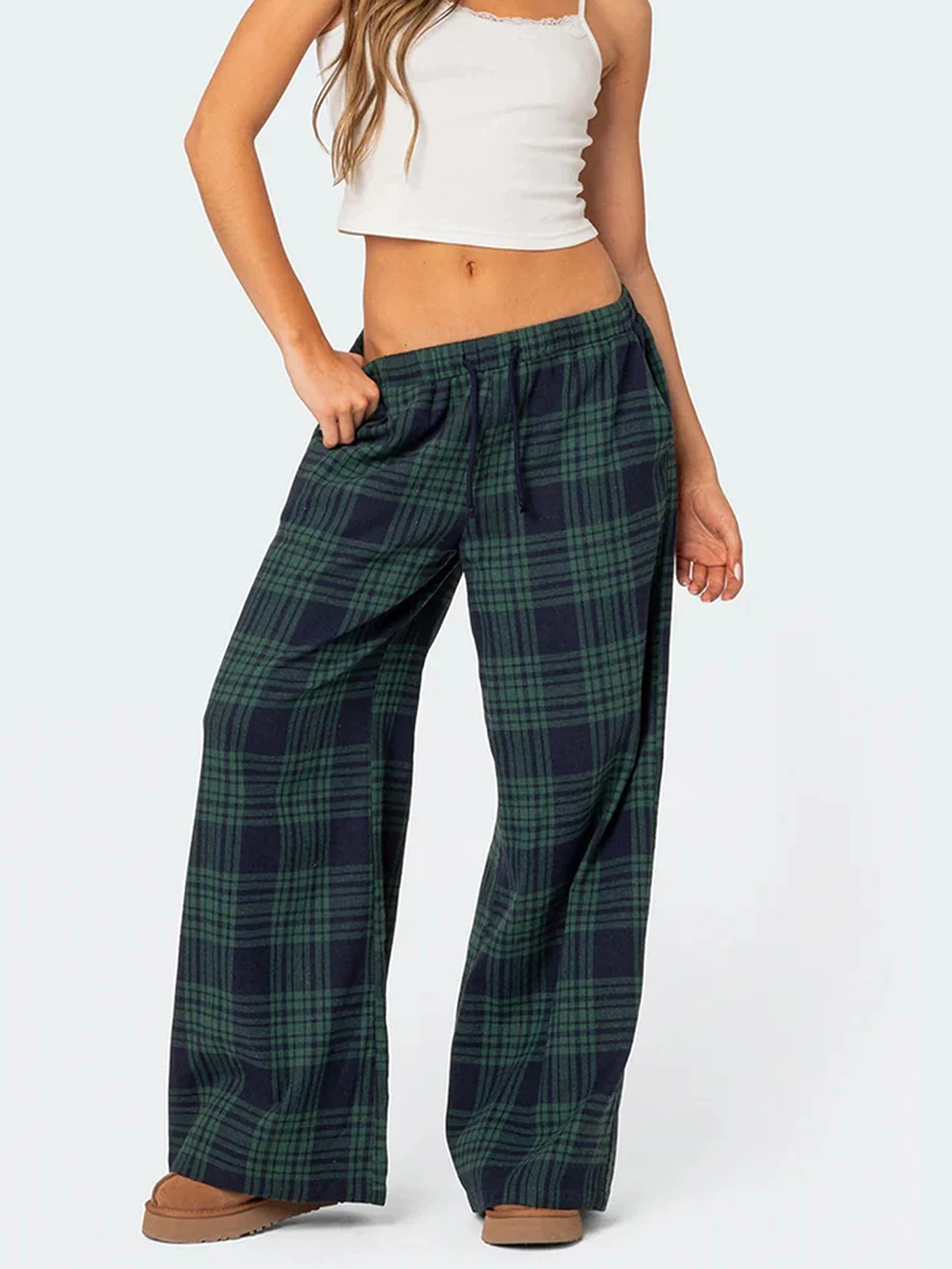 Mxiqqpltky-Pantalon de pyjama à carreaux pour femme, taille haute élastique, jambe large, pantalon Pj mignon, bas de pyjama, vêtements de détente décontractés