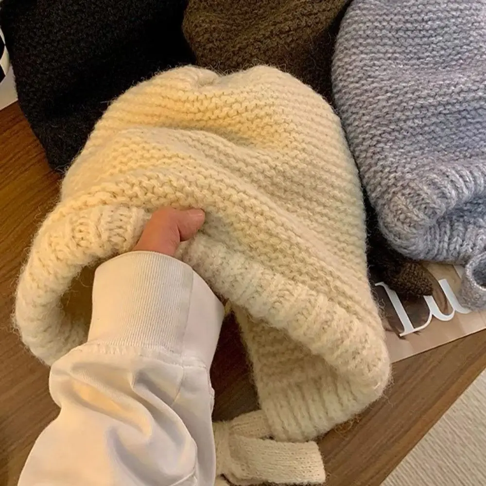 Versatile Ear Protection Knitted Hat Warm Strap Windproof Rope Beanie Hats Wool Bag Hat Women