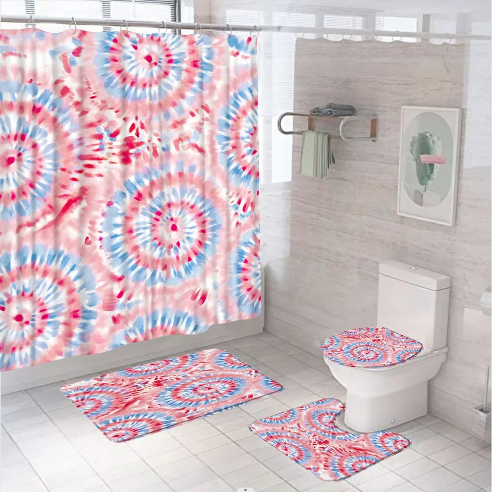 Abstarct Spiral Watercolor Tie Dye Shower Curtain Sets Colorful Rainbow Bathroom Decor Curtains With Rugs Toilet Cover Bath Mat