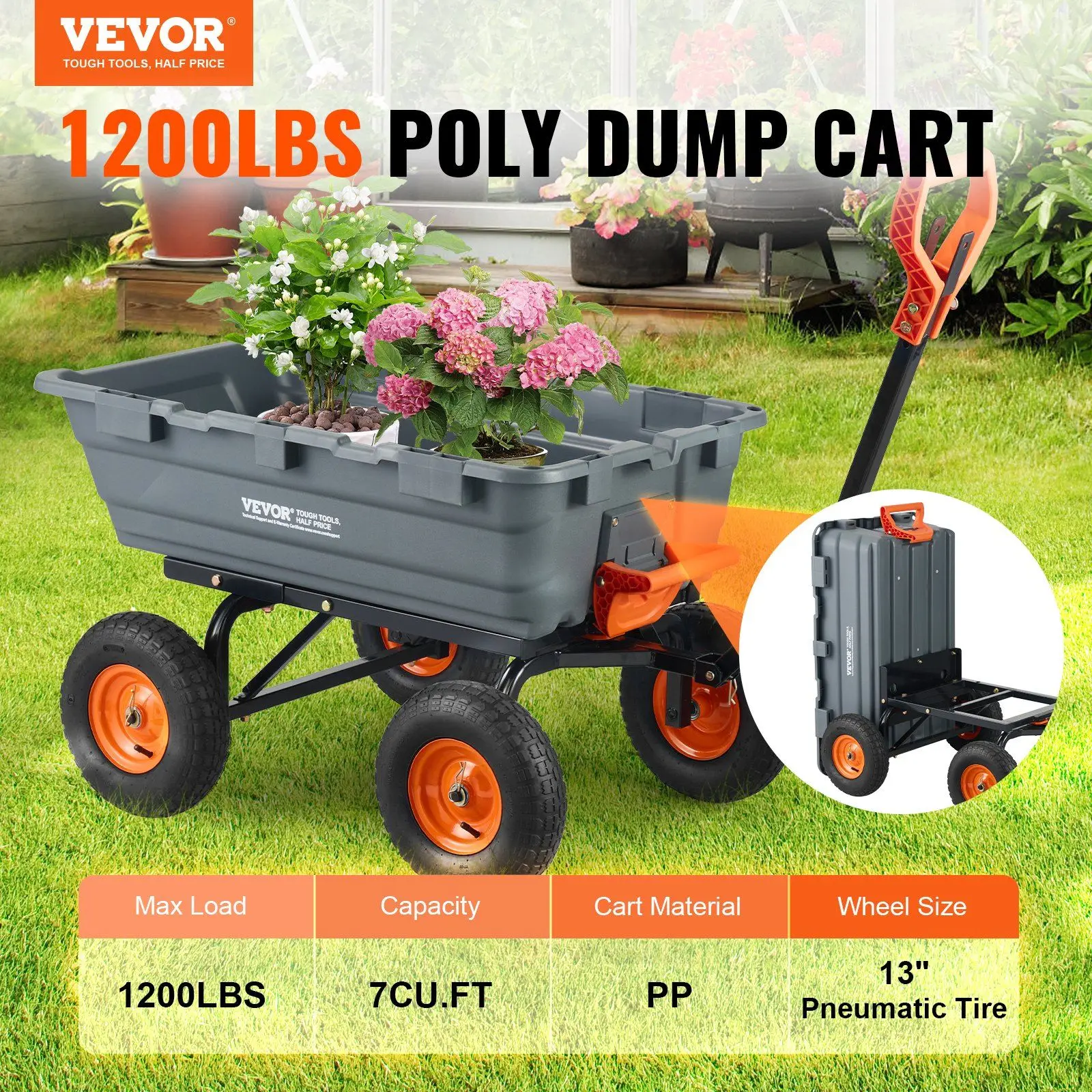 Dump Cart, Poly Garden Dump Cart with Easy to Assemble Steel Frame, Dump Wagon, 6.48 cu.ft Utility Wheelbarrow 1200 lbs Capacity