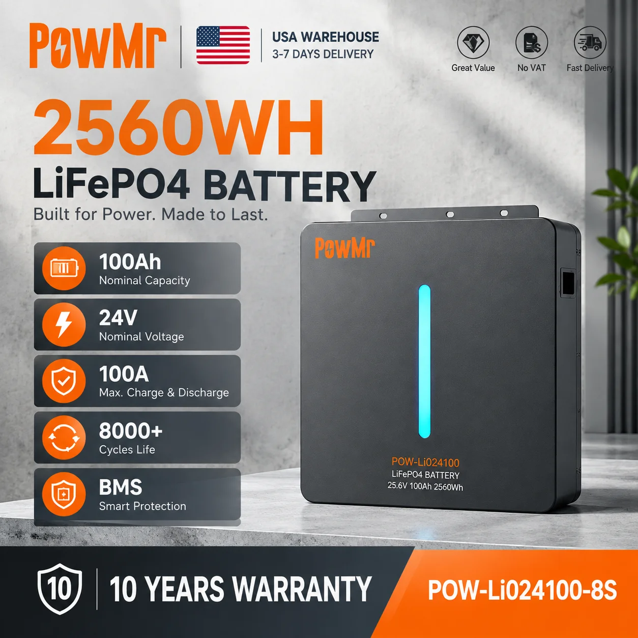 PowMr 2.56kWh 24V 100Ah LiFePO4 Lithium Iron Phosphate Battery Wall Mounted Energy Storage Battery Grade A Battery Cells Parallel 8 Units With BMS App Monitor Support Parallel for Home RV Temporary Building Off-Grid Power Supply