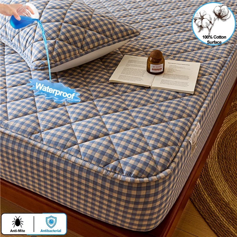 Waterproof 100% Cotton Surface Quilted Mattress Protector, Anti‑Mite Antibacterial Fitted Mattress Cover, Plaid Bed Mattress Pad