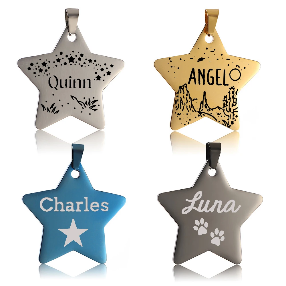 1pcs Stainless Steel Star Necklace Personalized Engraved Golden Charm Keychain For Man Women Gift Custom Nameplate 25/30/35mm