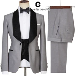 Cenne Des Graoom New Wedding Men Suits Tailored Velvet Shining Collar Classic Grey Tuxedo 3 Pieces Set Groom Regular Slim Fit