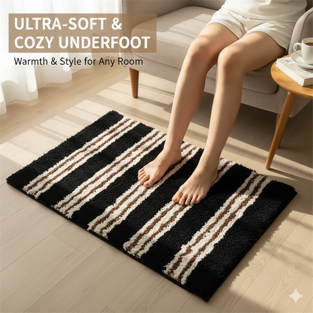 

Minimalist Striped Plush Bath Mat Non Slip Waterproof Absorbent Loop Pile Floor Mat Bathroom Rug Ins Bedroom Bedside Home Use