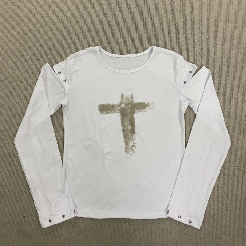 Y2k long sleeved round neck retro 90s millennium girl cross print off shoulder T-shirt top