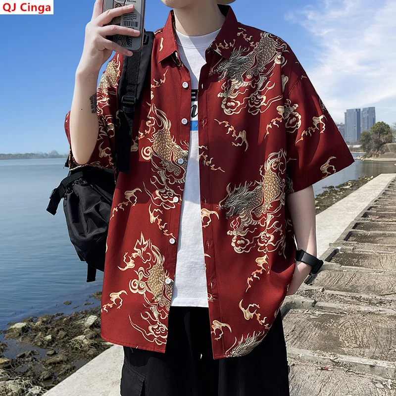 New Summer Collection of Men's Short-sleeve Printed Shirts Featuring A Chinese Dragon Print, Available in Black,White,Blue,Red.