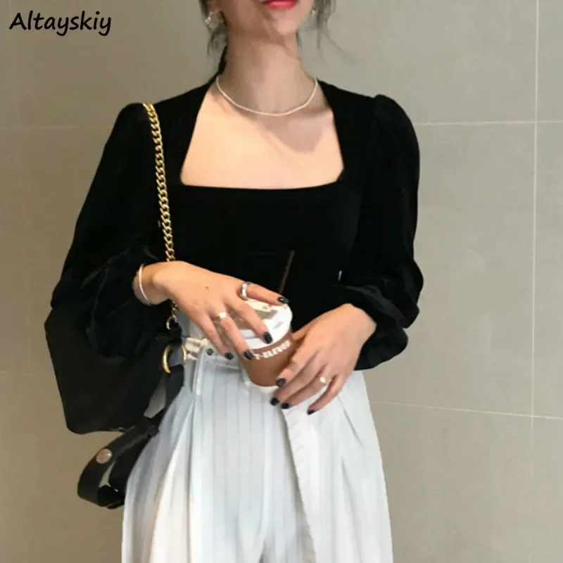 

Shirts Women Solid Puff Sleeve Stylish Blouses Vintage Retro Simple Chic Velour Slim Womens Basic Long Sleeves Popular New Soft