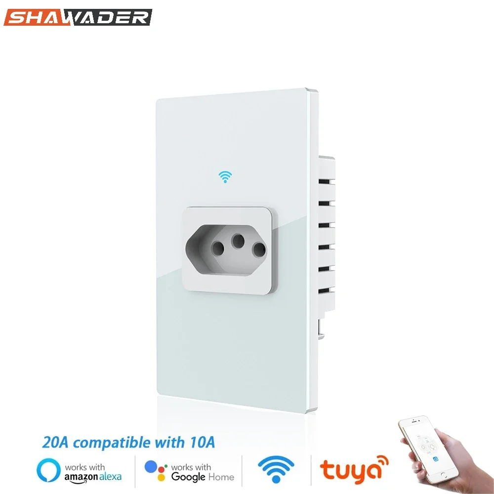 Shawader Tomada Wifi Smart Tuya Brazil Wall Socket Power Monitor Statistics 20A Plug Outlet Glass Panel by Alexa Google Home