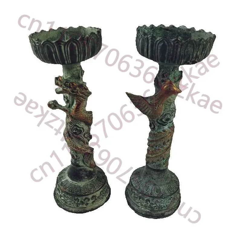 

A Pair Old Bronze Gilded Oil Lamp with Relief Carved Dragon & Phoenix Folk Collection Decorative Lighting