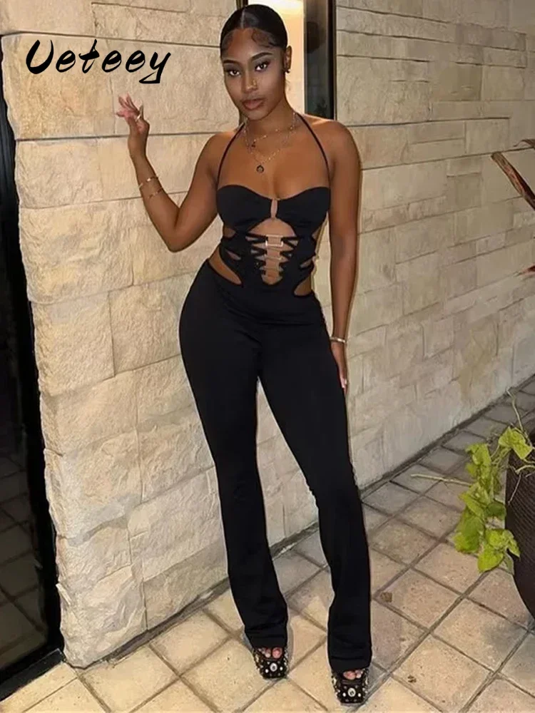 

Ueteey Hollow Cross Halter Jumpsuit Backless Sleeveless Square Metal Rings Peach Buttocks Midnight Sexy Workout Overalls