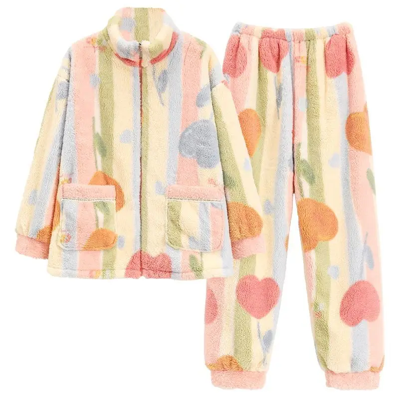 Flannel Pyjamas Korean Version for Women Plus Fleece Thickened Plush Autumn / Winter Girl Warm Internet Celebrity Home Wear Set