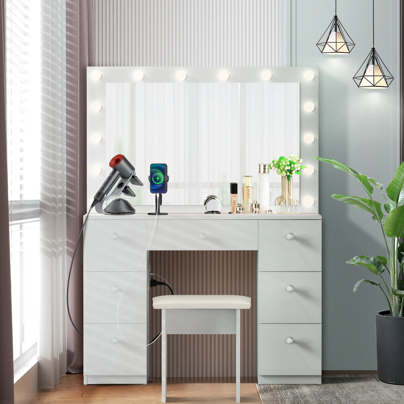 Vanity with Lighted Mirror - Makeup Vanity Desk with Power Outlet and 7 Drawers, 3 Color Lighting Modes Adjustable Brightness