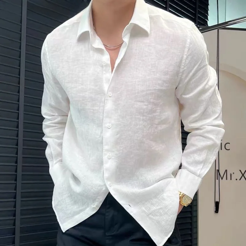 

Summer New Loose Linen Long Sve Men's irt Sun Protection Pure Color Versatile White Top Breathable Youthful Sle Casual...