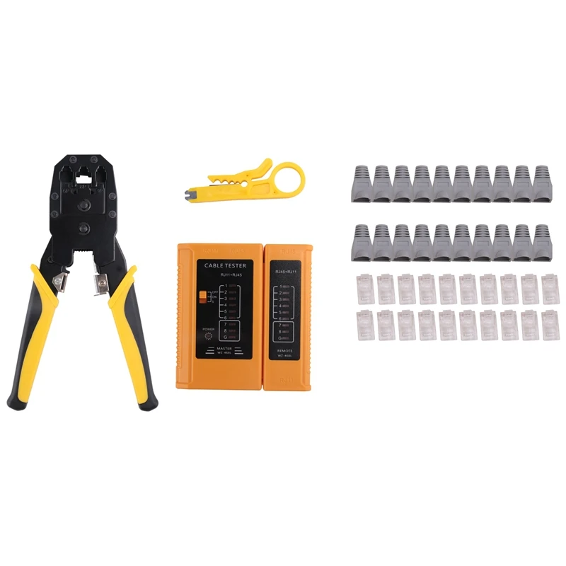 RJ45 Crimp Tool Kit With 20PCS Cat5 RJ45 Connectors, 20PCS Strain Relief Boots, 1 Mini Wire Stripper 1 RJ45 Cable Tester