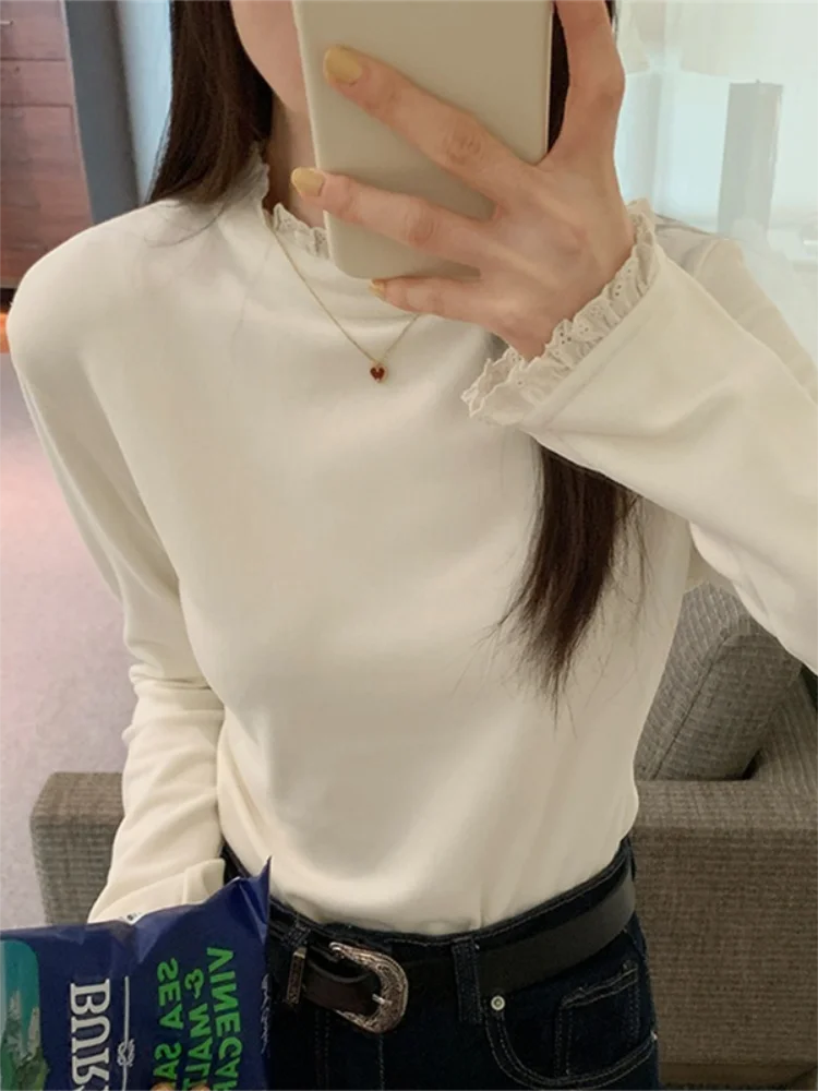 Haut chaud basique à col mi-haut pour femmes, T-shirt à manches longues, coupe cintrée, avec dentelle, Patchwork, automne hiver