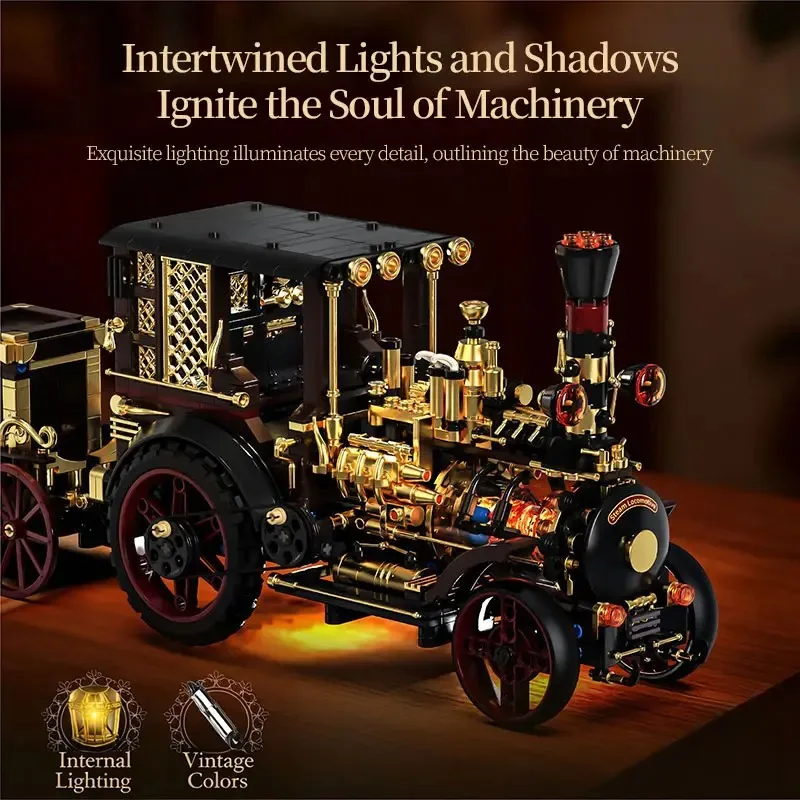 Retro Mechanical Steam Car Model Building Blocks Retro Steampunk Car Desktop Decoration Tiles Children's Hobby Collection Toy GI