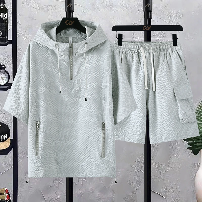 

(T-Shirt + shorts) 2026 summer T shirts men fashion hooded T shirts men's breathable sets High quality t shirts Two Piece