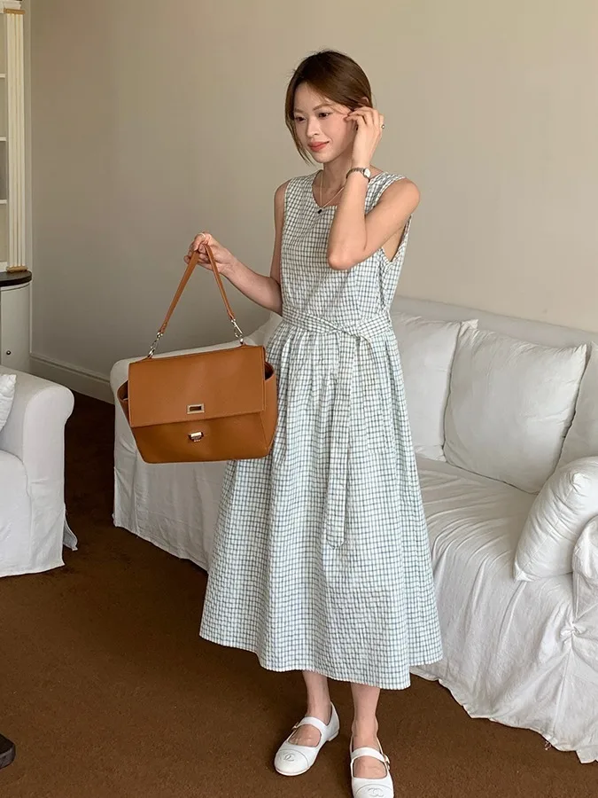 Vestido Midi Retro a Cuadros sin Mangas para Mujer, Hoado, Rejuvenecedor, con Cuello Redondo y Cinturón en la Cintura