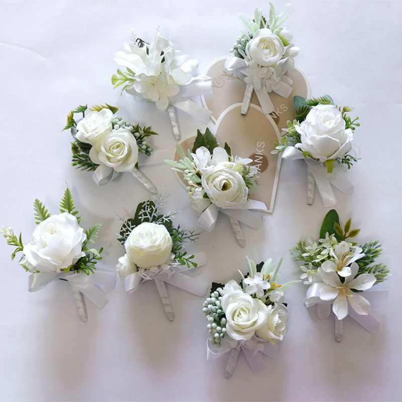 Boutonnières Artificielles Blanches, Accessoires de Corsage de Poignet, Broche de Mariage pour Homme, Bracelet de Mariée, Décor de Boutonnière