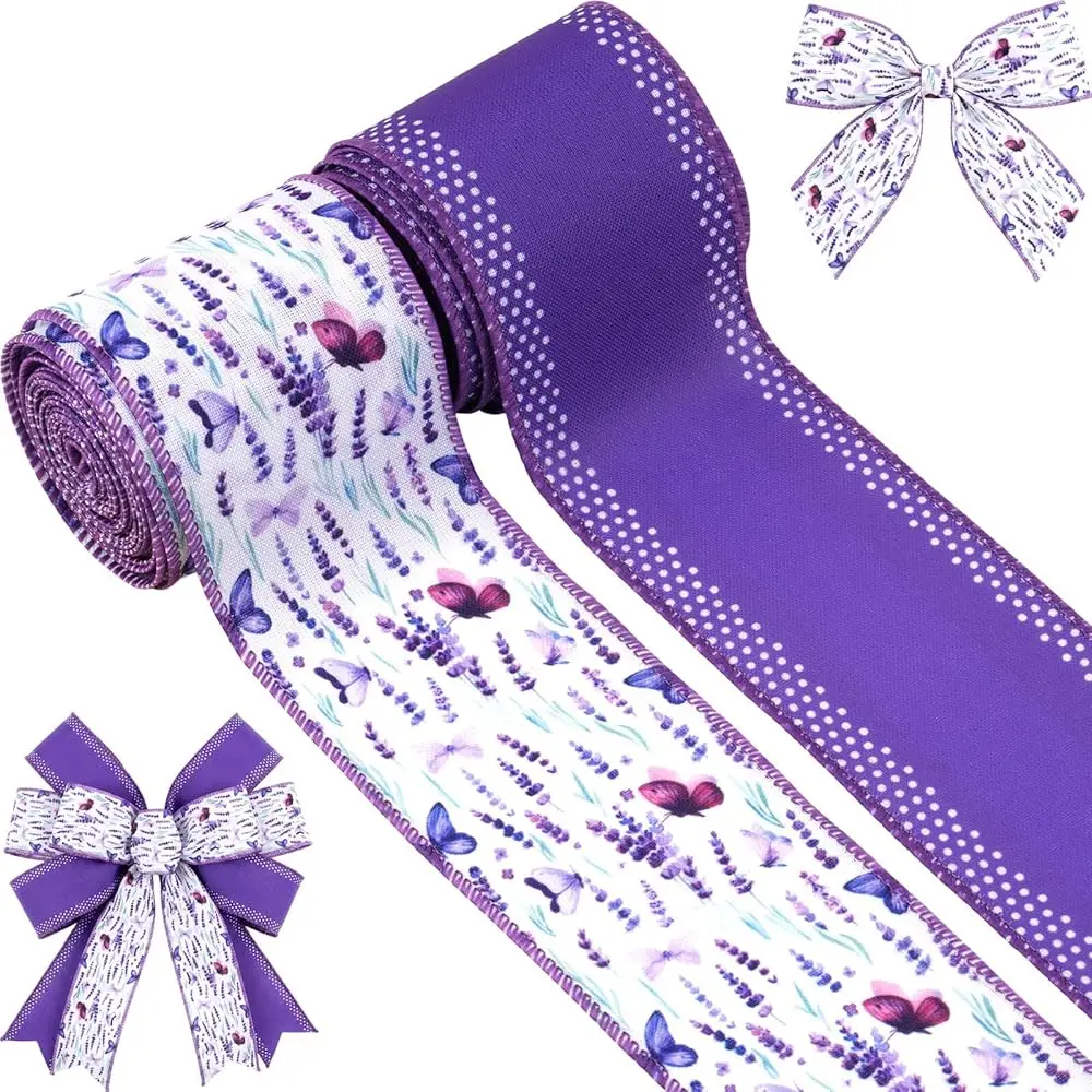 

2 рулона фиолетовой проволочной ленты шириной 2,5 дюйма, по 5 ярдов каждый - набор лент из мешковины с лавандовыми бабочками для венков, весеннего декора, подарков