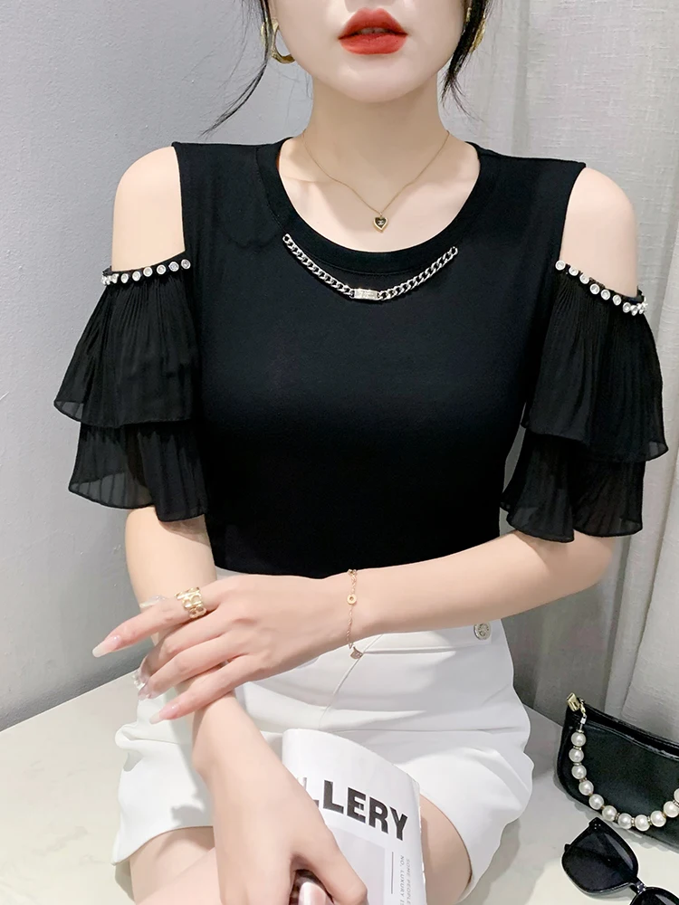 

Sexy oulder Bared ort Sve T irt Women's Faionable Beaded Hemline Korean Sle round Ne Slim Fit Silk Top