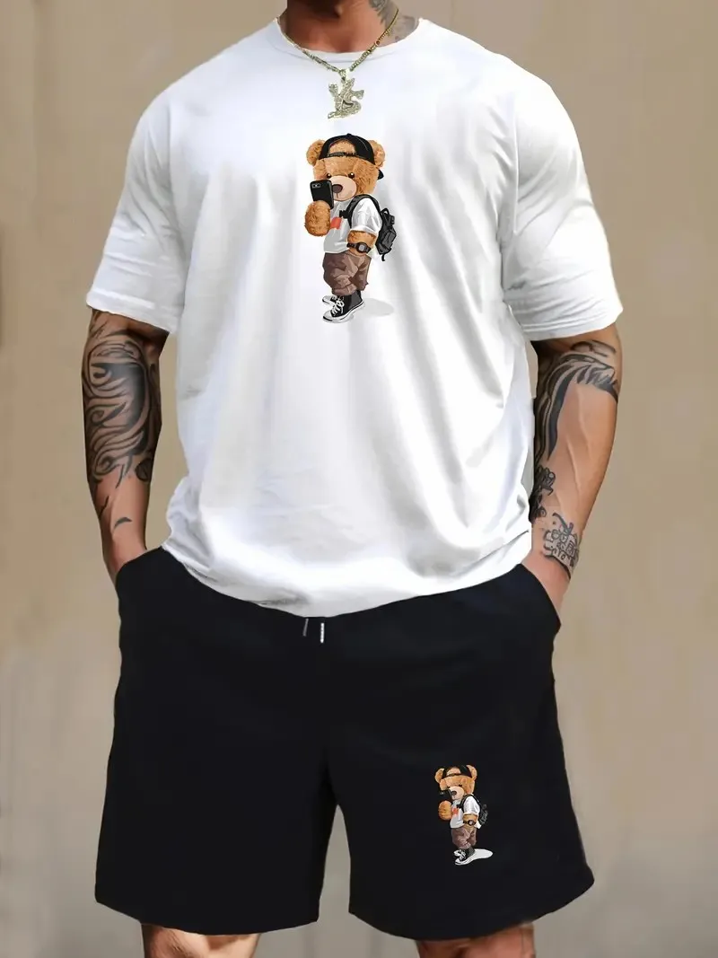 2024 New Men\'s Summer Fashion Cartoon Bear Print Knit Shirt And Woven Shorts Suit Casual Daily Light Luxury Design Clothing