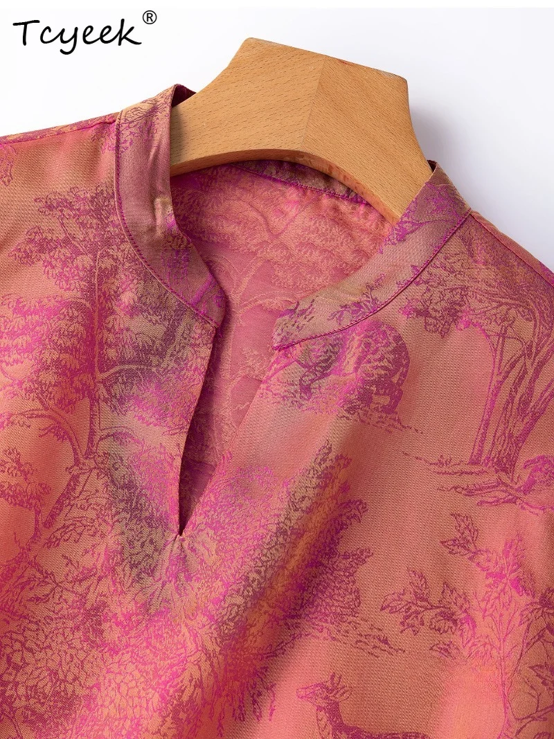 Tcyeek 100% Real Mulberry Silk Tops for Women 2026 Summer Chinese-style Rose-pink Golden Mid-length Vest Lady Clothes Ropa Mujer