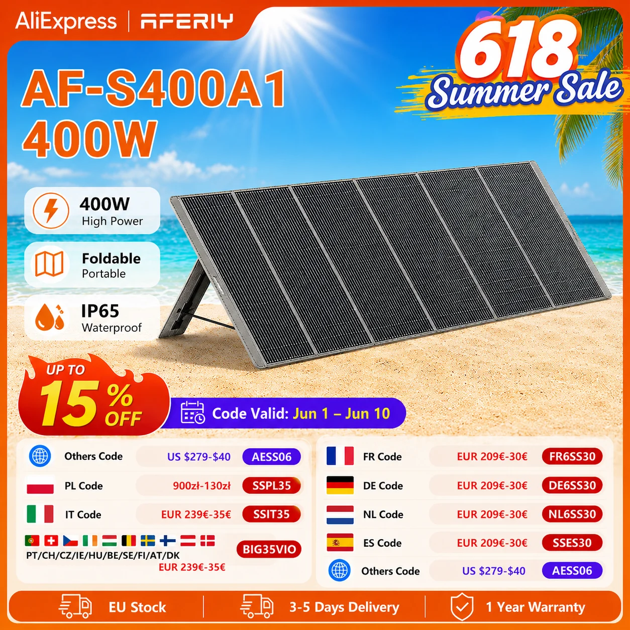 AFERIY ‎ Panneau solaire portable pliable AF-S400A1 400W, taux de conversion d'énergie de 23%, étanche IP65, béquille réglable