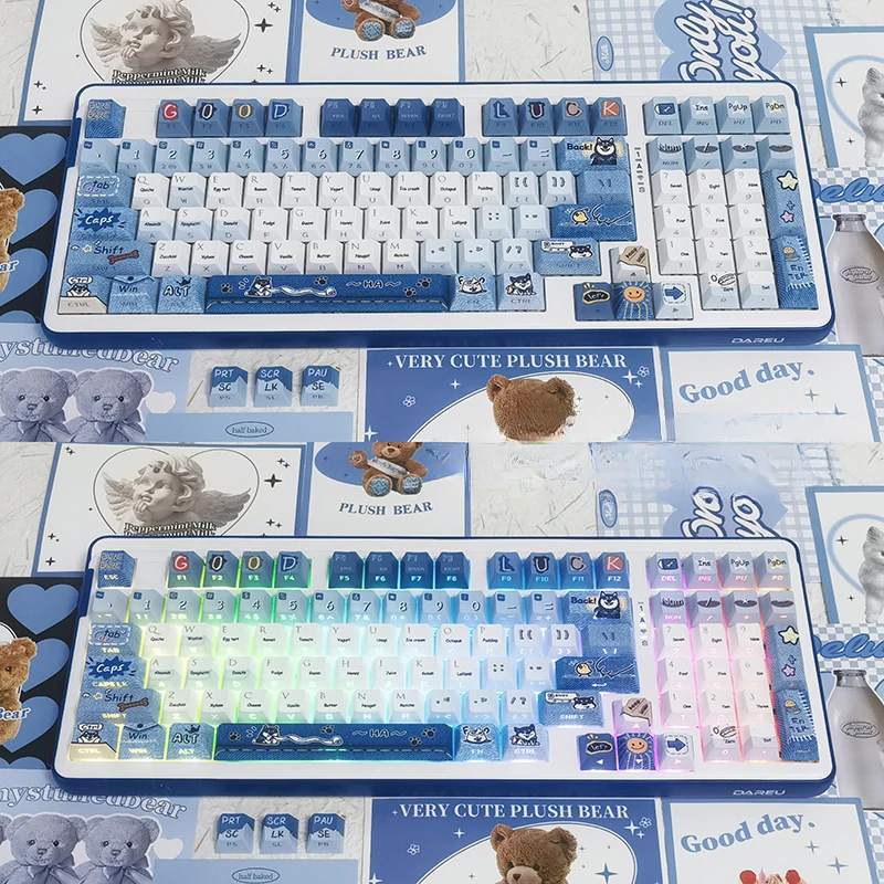 Imagem -04 - Puppy Keycap Grupo Cowboy Shiba Inu Azul Gravado Sublimação Térmica Pbt Desenhos Animados Bonitos Cherry Side 120 Chaves