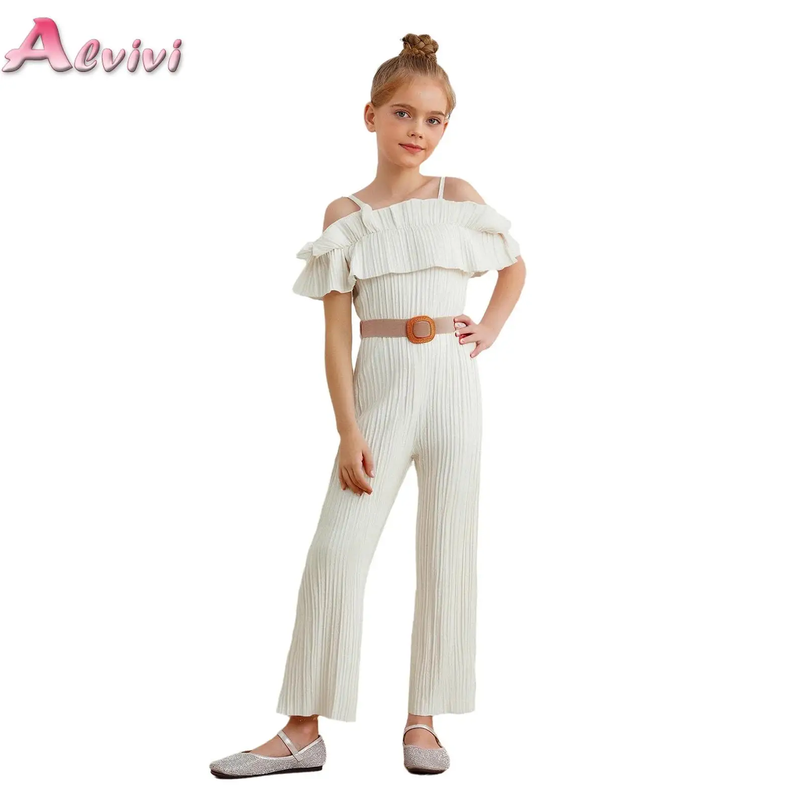 

Big Girls Jumpsuit Off-Shoulder Camisole Ruffle Ribbed Texture Romper with Belt for Birthday Party Wedding Holiday Travel Beach