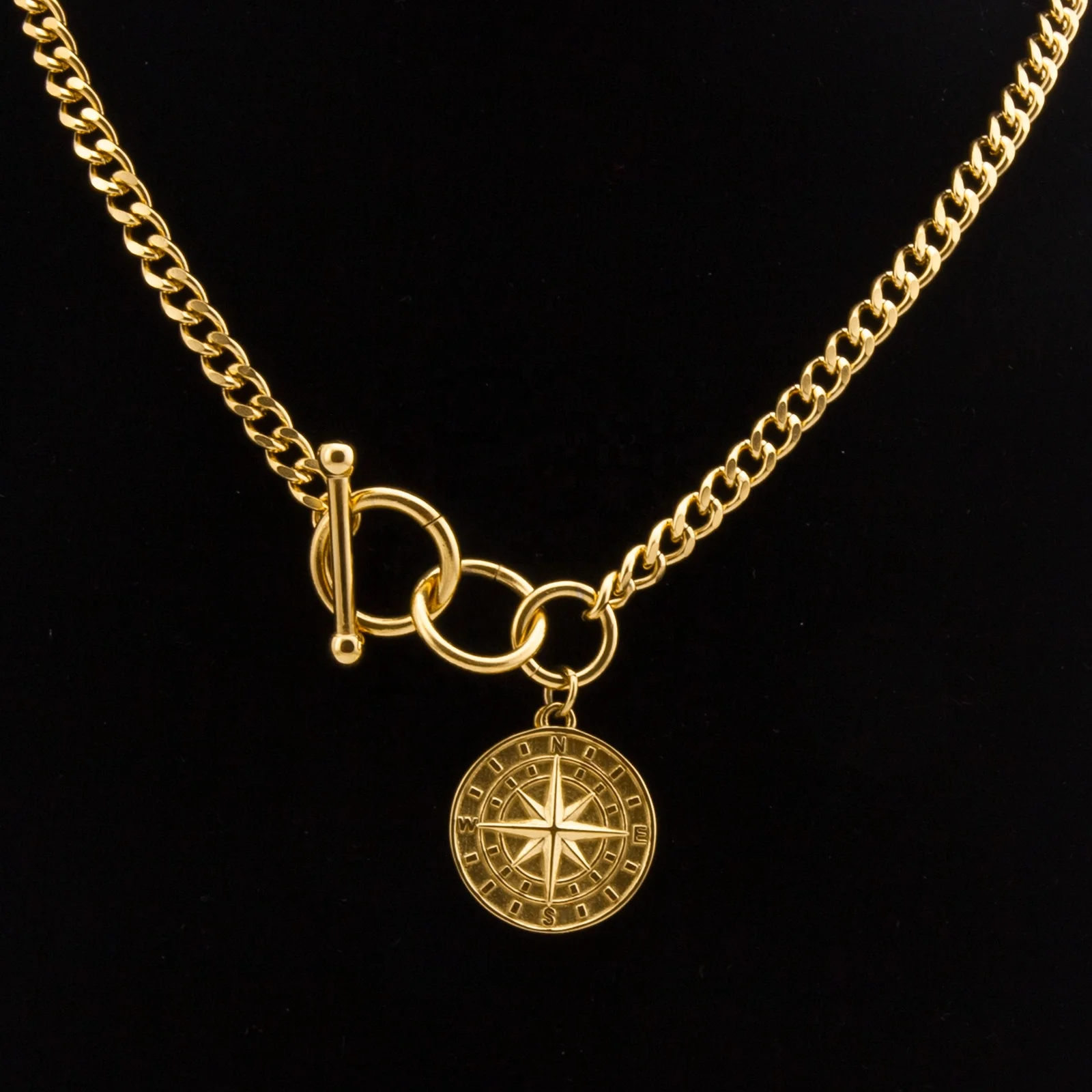 

Antique Compass Pendant Necklace for Men Women Stainless Steel Round Coin Chain18K Gold Plated Vintage Nautical Jewelry Fashion