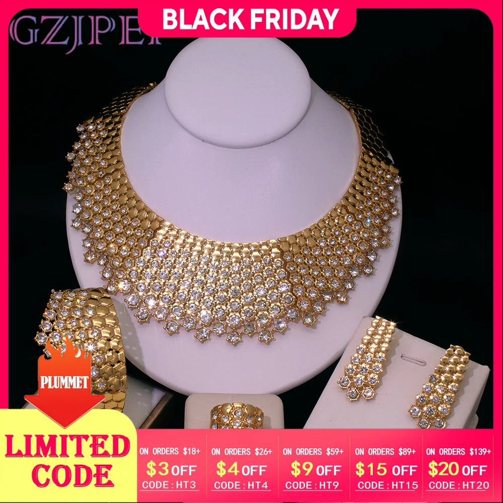 

GZJPEI Shiny White Zircon Jewelry Set Italy Nigeria Wedding Jewellery 18K Gold Plated Big Necklace Bracelet Long Drop Earring