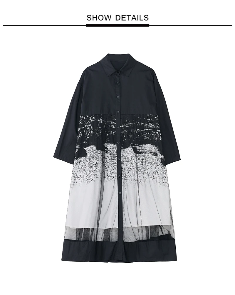 Mesh Patchwork Print Shirt Dresses For Women Long Sleeve Loose Casual Vintage Dress Fashion Elegant Clothing Spring Autumn 2026