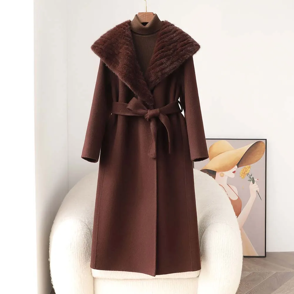 

Женский пояс, теплое пальто с норковым воротником, осень/зима, новая женская одежда, двустороннее кашемировое пальто