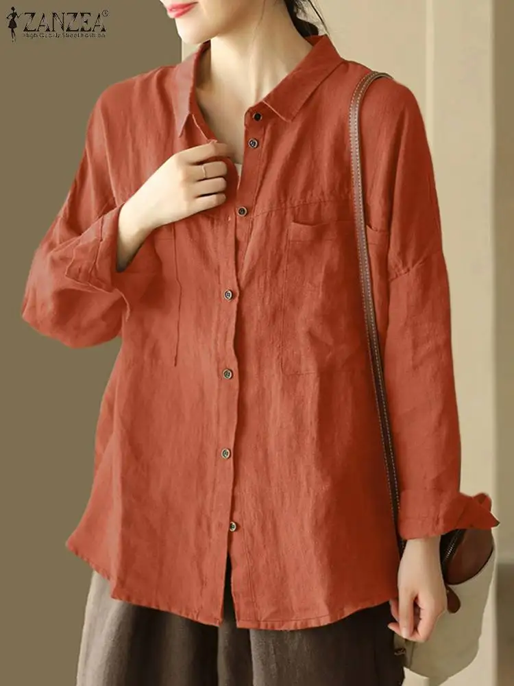 ZANZEA informal-Blusa de manga larga para mujer, camisa Vintage de algodón puro con cuello vuelto, Color liso, para vacaciones y otoño, 2024