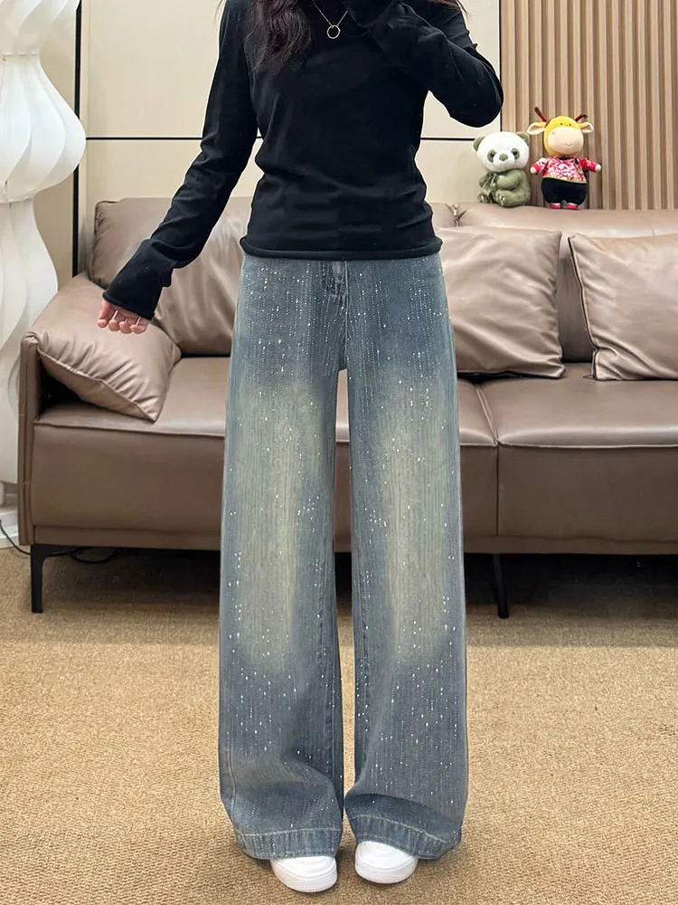 

Женские джинсы с широкими штанинами и стразами - свободные джинсовые брюки с высокой талией для повседневного уличного стиля