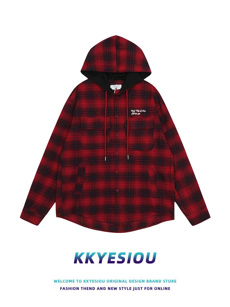 

KKyesiou American Retro Plaid Embroidered Hooded Zipper Sweatirt ex Lazy College Sle Couple Jaet Cotton Long Sve