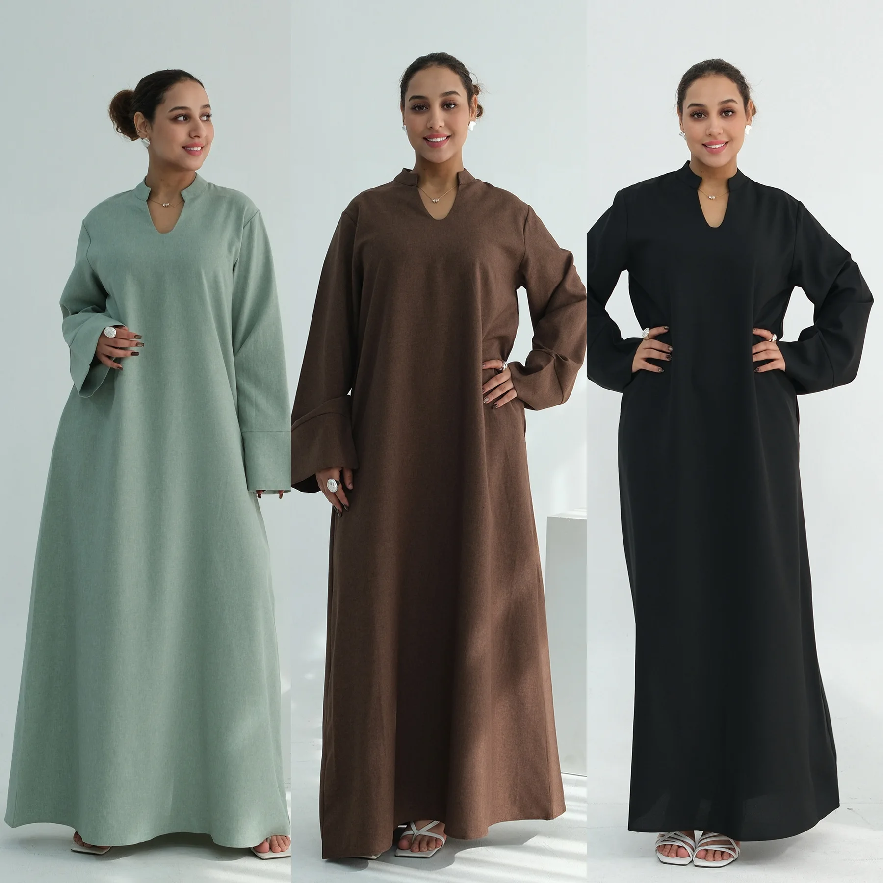 

Modest V Neck Closed Linen Abaya with Pockets Elegant Dubai Loose Muslim Women Dress Islamic Clothing Wholesale Black Abaya