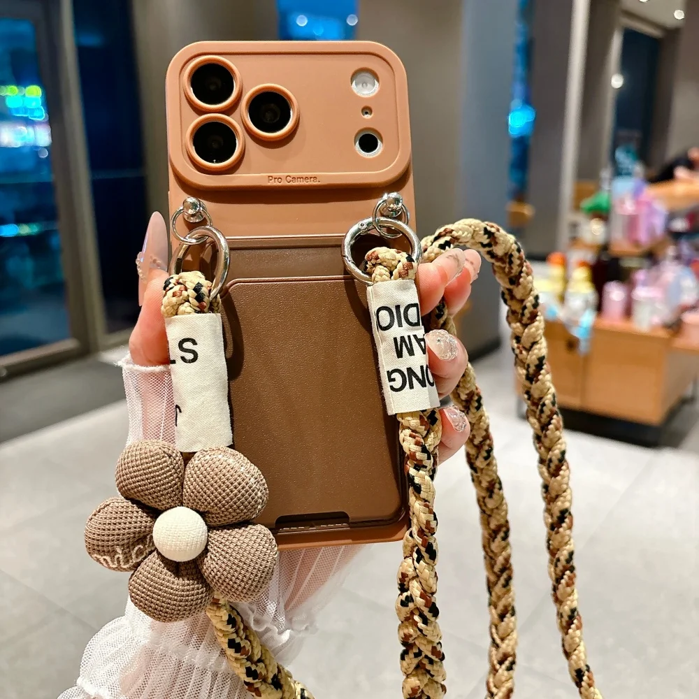 Flower Charm Crossbody Phone Case with Card Slot for iPhone 17 Pro Max 16 11 X 7 8 Plus Camera lens Shockproof Protective Cover