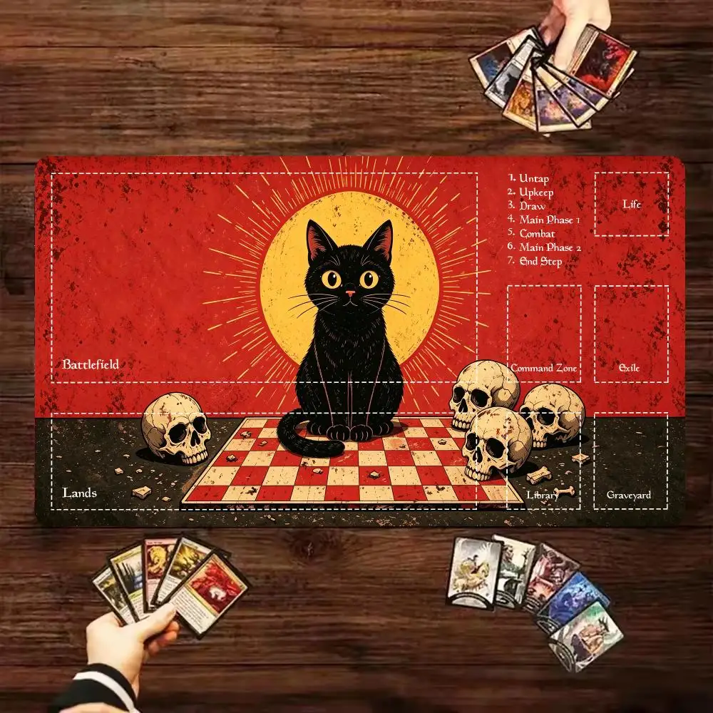 Black Cat Skull Vintage Red Sun MTG Playmat with Game Zones Non Slip Rubber TCG Card Game Play Mat Magic The Gathering Desk Mat