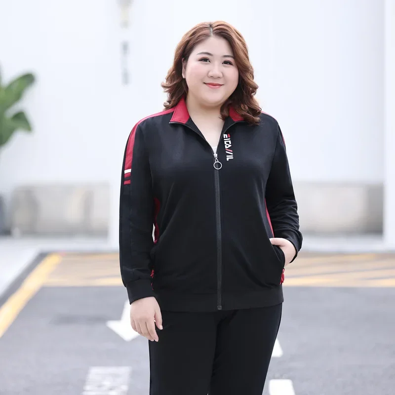 7XL Plus Size Autumn Women Sport Suit Loose Zip Up Jacket Sweatshirt+pant Running Jogger Fitness Workout Casual Set Sportswear